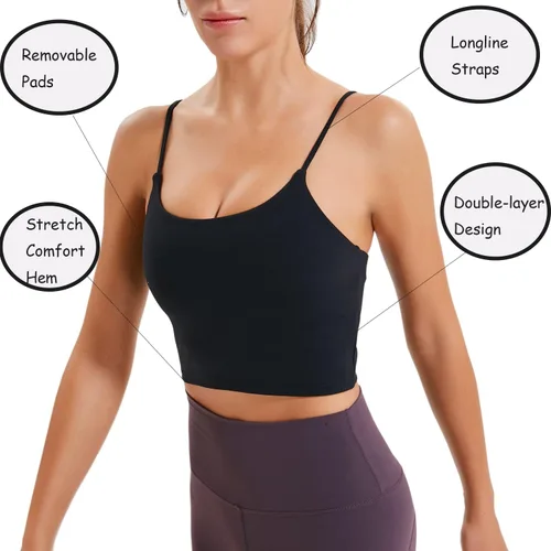 Vista 4 de Sujetadores deportivos para mujer de línea larga con relleno, para correr, fitness, yoga, entrenamiento, camiseta sin mangas con brasier integrado