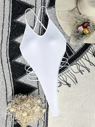 Vista 4 de OYOANGLE Traje de baño de una pieza con cuello redondo y espalda cruzada para mujer