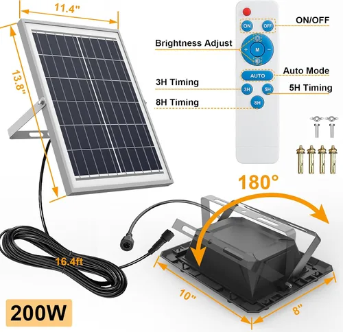 Vista 5 de Luz solar de calle de 200 W, impermeable, cable de 16 pies, 20000 lúmenes, luces LED de seguridad para exteriores, luces solares automáticas