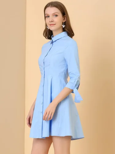 Vista 4 de Allegra K Vestido camisero de algodón con botones y cuello vuelto para mujer