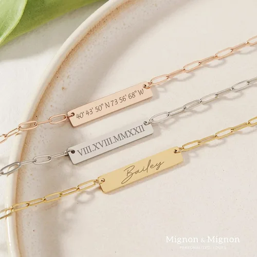 Vista 2 de MignonandMignon Custom Coordinate Necklace for Her Paper Clip Chain Personalized Gift Engraved Name Best Friend Birthday Nameplate Pendant -P-4N