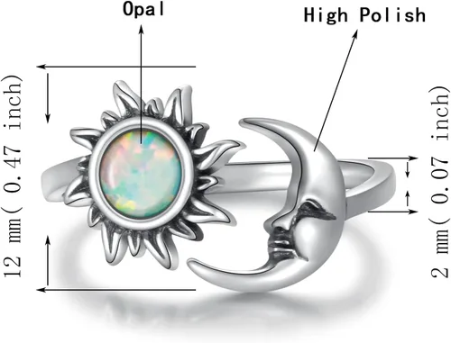 Vista 6 de Anillo de ópalo con sol y luna ajustable, plata de ley 925, con cara de luna creciente, regalo de joyería vintage para mujer