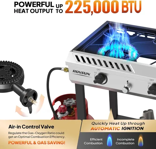 Vista 2 de ROVSUN Quemador de Propano para Exteriores de 3 Quemadores con Encendido y Regulador, 225,000 BTU Potente y Portátil Estufa de Gas para Exteriores