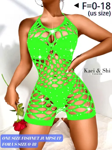 Vista 5 de Kaei&Shi Body brillante de red con diamantes de imitación, trajes de rave, lencería halter Verde oscuro
