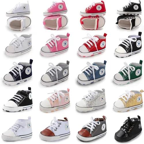 Vista 2 de KIDSUN - Zapatos deportivos unisex de caña alta para bebés mezclilla de lona suela antideslizante suaves para los primeros pasos A01-negro 3-6