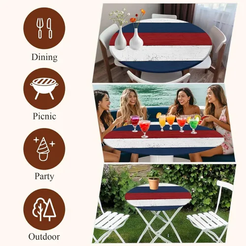Vista 8 de Mantel redondo ajustable azul marino, rojo y blanco con borde elástico, mantel para exteriores, impermeable, a rayas, de madera de granja