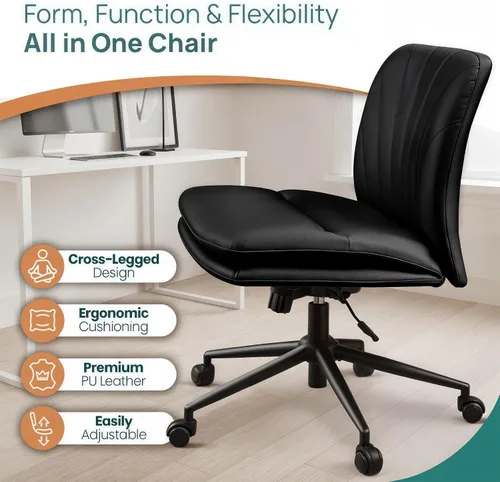 Vista 5 de NYPOT Silla de escritorio sin brazos con ruedas para sentarse entrecruzada, silla sin brazos anchos con patas cruzadas, taburete giratorio ajustable