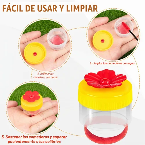 Vista 3 de Comederos de Anillo para Colibríes de Mano, 4 Piezas Mini Comedero de Mano para Colibríes con 4 Piezas Cepillo de Limpieza, Comederos de Pájaros