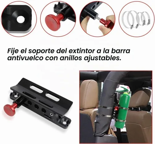 Vista 3 de Barra antivuelco de liberación rápida para extintor de incendios, soporte de montaje para extintor compatible con Jeep Wrangler Gladiator Ford Negro