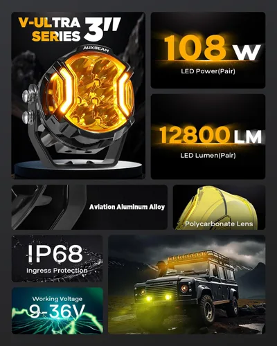 Vista 9 de Auxbeam V-Ultra Series - Faros antiniebla ámbar tipo cápsula de 3 pulgadas y 108W, función DRL, 3 modos y cubiertas protectoras, barra de luz