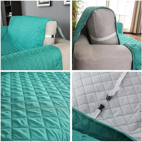 Vista 2 de Fundas para sofá reversible de 3 y 2 plazas, fundas acolchadas para sofá con correas elásticas ajustables, protectores de sofá impermeables contra