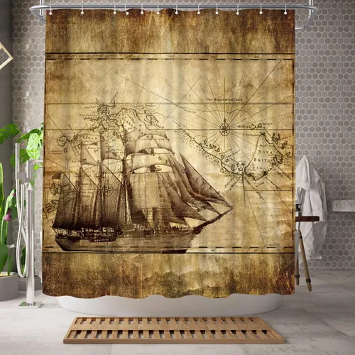 Vista 2 de WELMECO Cortina de ducha náutica con tema oceánico, cortina de ducha para hombre, decoración de baño, tela de poliéster, 72 x 72 pulgadas