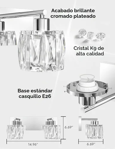 Vista 6 de VOLISUN Luces de Tocador de Cristal - 2 Luces Modernas de Acero Inoxidable para Baño Sobre Espejo, Acabado Cromado - Certificado UL