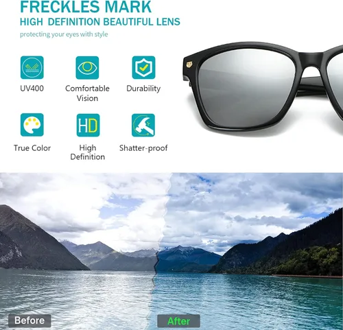 Vista 6 de Freckles Mark Gafas de sol cuadradas grandes vintage para mujer, marco de plástico negro, reflectante transparente