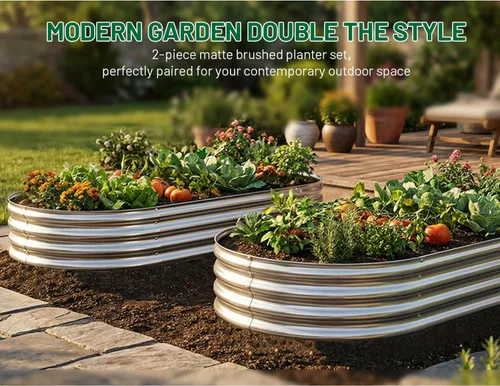Vista 3 de AHEONLAR Paquete de 2 macetas de jardín elevadas galvanizadas de 4 x 2 x 1 pies, caja ovalada grande de metal, resistente y duradera, cajas