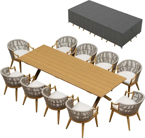 Vista 26 de PURPLE LEAF Juego de comedor de patio para 6 respaldos ergonómicos y cojín Champán