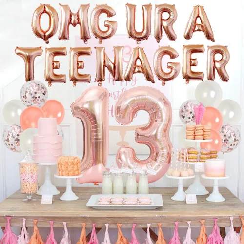 Vista 3 de Decoración de fiesta de cumpleaños para adolescentes, decoraciones de fiesta de cumpleaños de 13 para niñas con globos de oro rosa para adolescentes