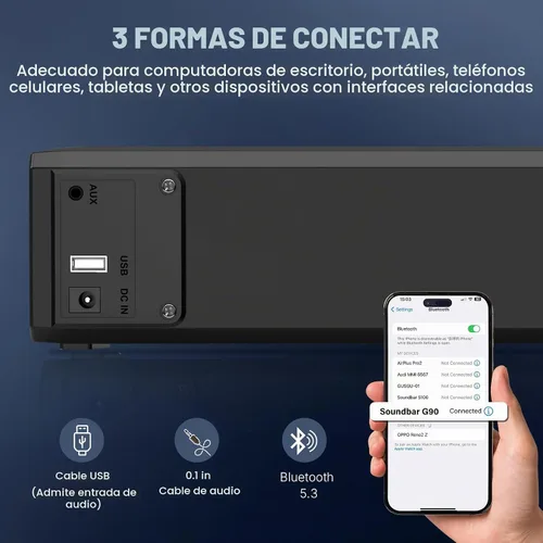 Vista 3 de Altavoces de computadora 2.1 para PC de escritorio, barra de sonido de computadora Bluetooth 5.3 con sonido de alta fidelidad, 7 modos de luz RGB