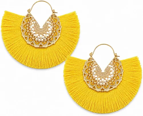 Vista 18 de Aretes de aro con borla, aretes colgantes de hilo de declaración, elegantes aretes largos con flecos, ligeros, largos y con gancho francés, para un