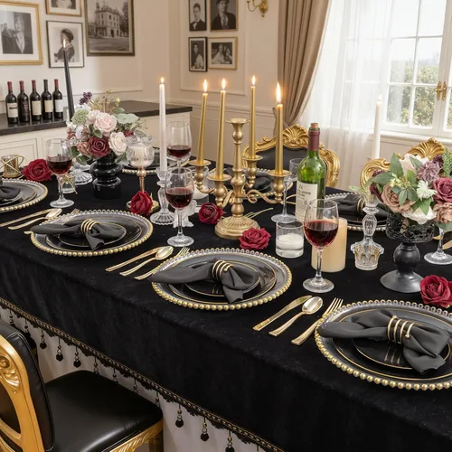 Vista 7 de KIRE 60 platos de plástico negro, platos desechables negros con borde dorado para fiesta de Halloween/graduación, incluye 30 unidades de 10.25
