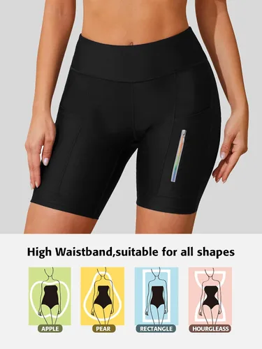 Vista 5 de ATTRACO Pantalones cortos de natación de cintura alta para mujer, con bolsillo, de secado rápido