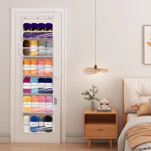 Vista 8 de Organizador de puerta con 6 bolsillos extra grandes, 12 bolsillos laterales, estante de almacenamiento resistente para armario, organizador de Beige