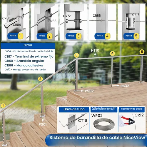 Vista 6 de [Patente] Muzata - Juego de 20 barandillas invisibles de 1/8 pulgadas sin estampar para cables, anclaje, anclaje, accesorios sin estampar, extremo