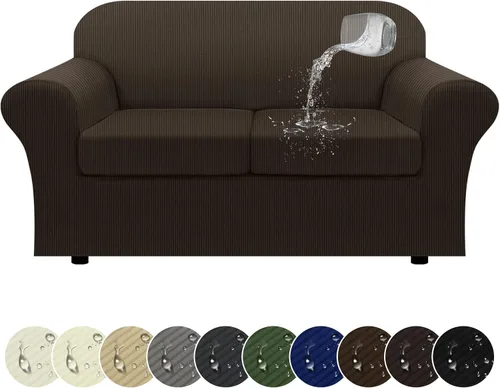 Vista 24 de Funda impermeable para silla con brazos, juego de 2 piezas, funda a rayas para 1 sofá separado con cojín en T, fundas de sillón de tela