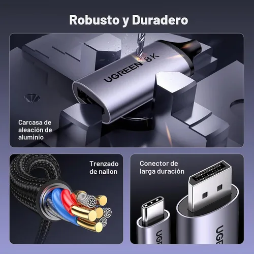Vista 6 de UGREEN Bidirectional USB C to DisplayPort 1.4 Cable 8K@60Hz, 6.6FT 4K @240Hz, trenzado Alu, DisplayPort a USB C Thunderbolt 4 cable compatible
