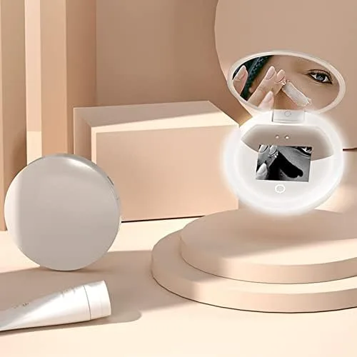 Vista 4 de Espejo compacto de viaje con cámara, espejo portátil de aumento 2X con luces para verificar protector solar, espejo de maquillaje LED, espejo