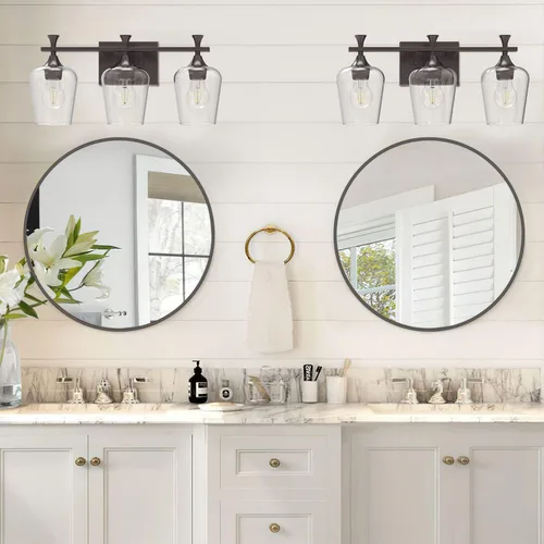 Vista 3 de Lámpara de tocador de baño de 3 luces, accesorios de iluminación de baño negros sobre el espejo, apliques de pared modernos con pantalla de vidrio