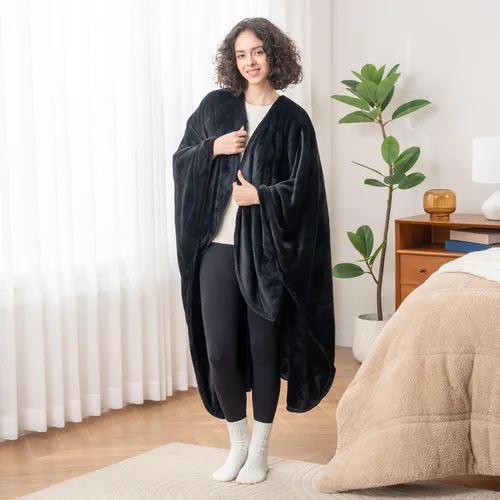 Vista 7 de Berkshire Blanket Primalush® Manta portátil, Capa de felpa con bolsillos y acogedora para estar en casa, ideal para adultos y adolescentes, Negro