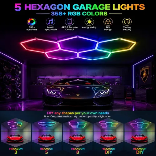 Vista 2 de 25Pack RGB Hexagon Lights,Music Sync 5Hex LED Hexagon Lights,RGB 358 Kinds of Changes Dimmable Speed-Adjustable DIY Color-Changing Lights Smart App