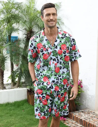 Vista 3 de LUCKYOUNG Conjunto de camisa hawaiana y pantalón corto para hombre, 2 piezas, camisa de manga corta con botones, trajes de vacaciones en la playa