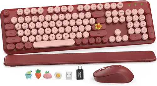 Vista 24 de Combo de teclado y mouse inalámbricos, teclado retro con teclas redondas, teclado estilo máquina de escribir de tamaño completo con reposamuñecas
