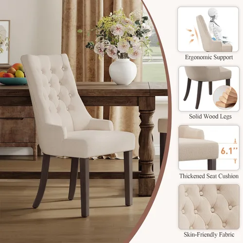 Vista 5 de COLAMY Wingback Tufted Dining Chairs Set of 2, Beige Upholstered Dining Room Chairs with Wood Legs, Kitchen Chairs for Home Kitchen
