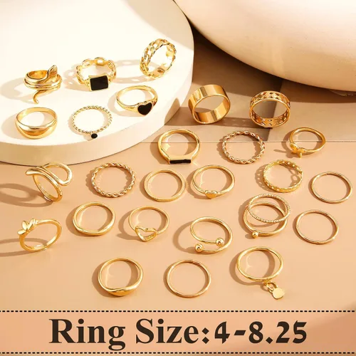 Vista 5 de FAXHION Juego de 27 anillos dorados para nudillos para mujeres y niñas, anillos de dedo de serpiente bohemios apilables vintage, paquete de anillos