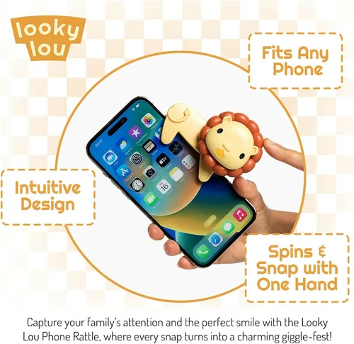 Vista 2 de Looky Lou - Clip para teléfono con sonajero de león para fotos de bebé, fotografía de recién nacidos, hitos mensuales, accesorios para sesiones