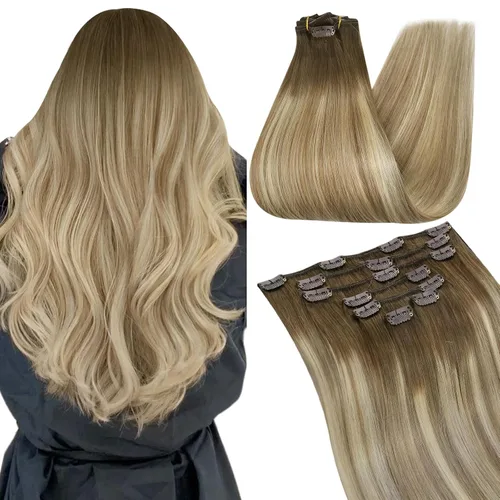 Vista 18 de Ugeat Extensiones de cabello humano con clip de 12 pulgadas, extensiones de cabello balayage con clip, marrón chocolate ombre, extensiones