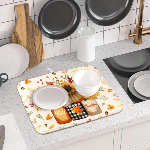 Vista 5 de Tapete de Secado de Platos de Florero de Girasoles Otoñales para Encimera de Cocina, Tapete de Secado de Hojas de Arce y Calabaza Otoñal de 16 x 18