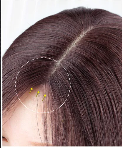 Vista 3 de LXUE Parte superior de cabello humano con base de seda natural para mujeres con cabello gris y delgado, 5 x 5.5 pulgadas, base con flequillo, 8.7