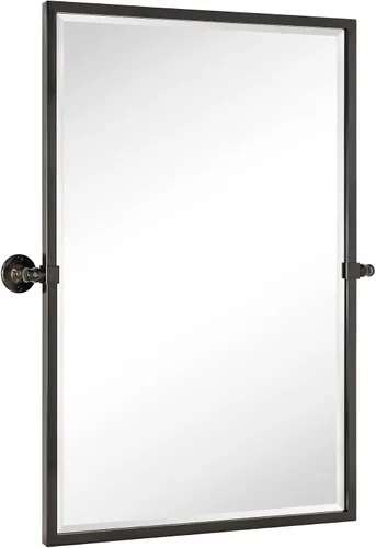 Vista 21 de Espejo rectangular de baño con marco de metal dorado cepillado, espejos de tocador biselados inclinables para pared, total 23.9 x 24 pulgadas