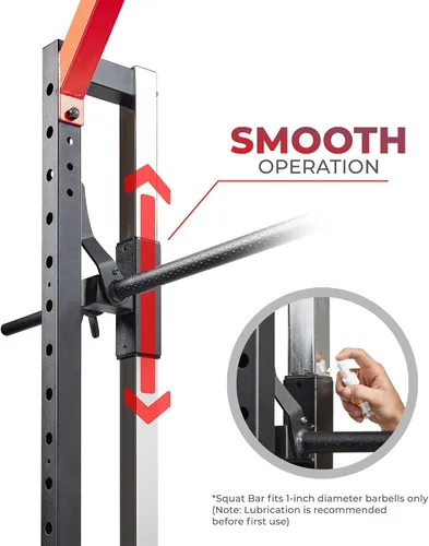 Vista 7 de Sunny Health & Fitness - Estante de potencia prémium para máquina de sentadillas, alta capacidad de carga, altura ajustable, barra de dominadas