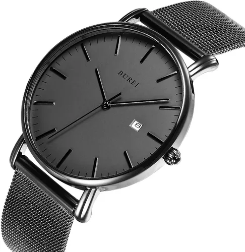 Vista 2 de BUREI Reloj de pulsera analógico de cuarzo ultrafino, calendario de fecha, correa de malla de acero inoxidable