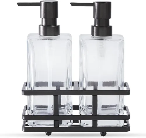 Vista 7 de Juego de dispensador de loción y jabón de vidrio cuadrado transparente con bomba y soporte de metal para baño, cocina, hogar, oficina, viaje, hotel