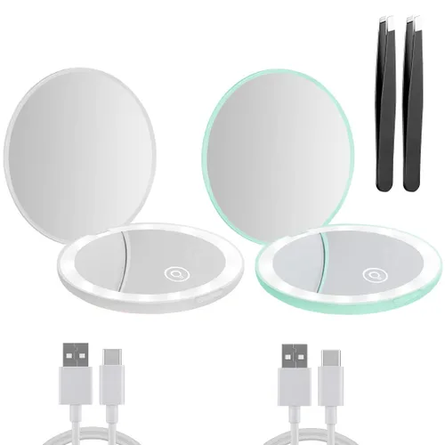 Vista 12 de Espejo compacto con luz LED, espejo recargable con aumento 1x/10x, 3.5 pulgadas, espejo de viaje regulable para bolso, bolsillo, espejo de Negro