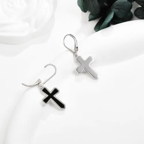 Vista 4 de Aretes de cruz de plata de ley 925 con cruz colgantes, regalos para mujer