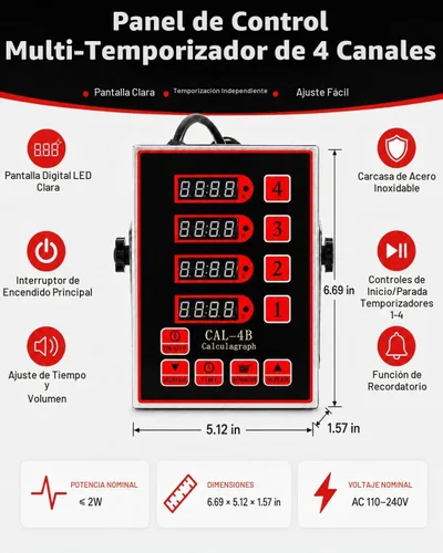 Vista 3 de Temporizador de cocina digital comercial de 4 canales, temporizador de cálculo de acero inoxidable con alarma fuerte para restaurante, recordatorio