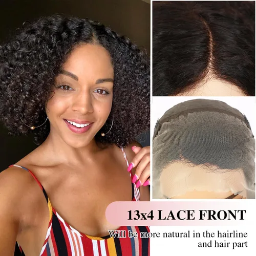 Vista 6 de Peluca de cabello humano corto y rizado con encaje frontal de 13 x 4, sin pegamento, peluca de cabello virgen brasileño rizado HD transparente