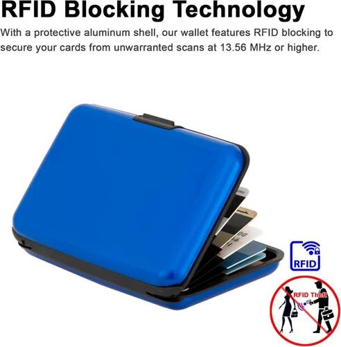 Vista 25 de Soporte para tarjetas de crédito, cartera metálica con bloqueo RFID para tarjetas de identificación para mujeres y hombres, funda rígida de aluminio